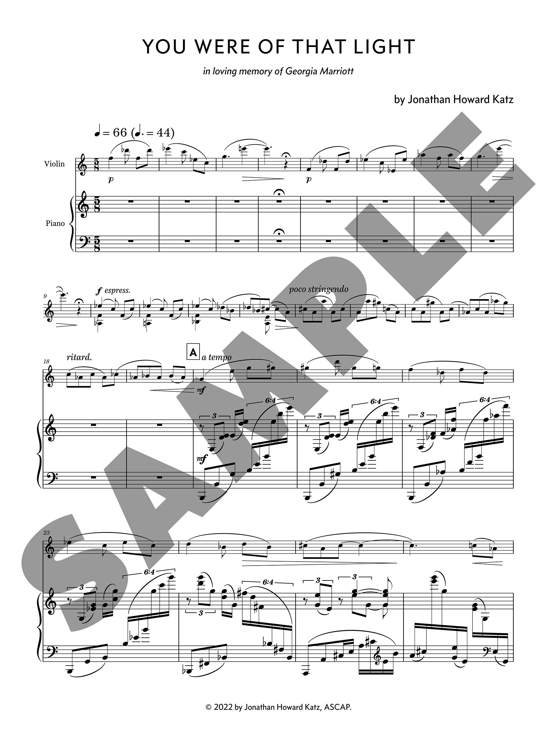 You were of that light, by Jonathan Howard Katz (violin version) - Image 2